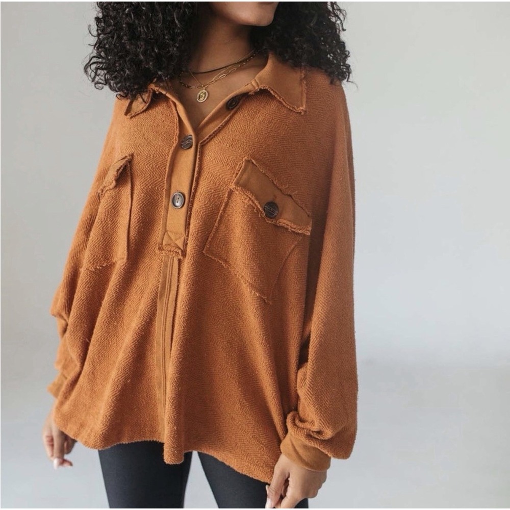 Bucket List Camel Oversized Collared Terry Sweatshirt Dolman Sleeve Boho Western